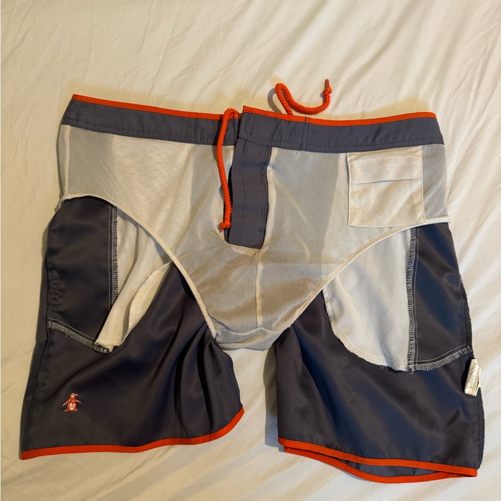 Original Penguin Men's Charcoal Grey Swim Shorts with Bright Orange Accents - Picture 5 of 6